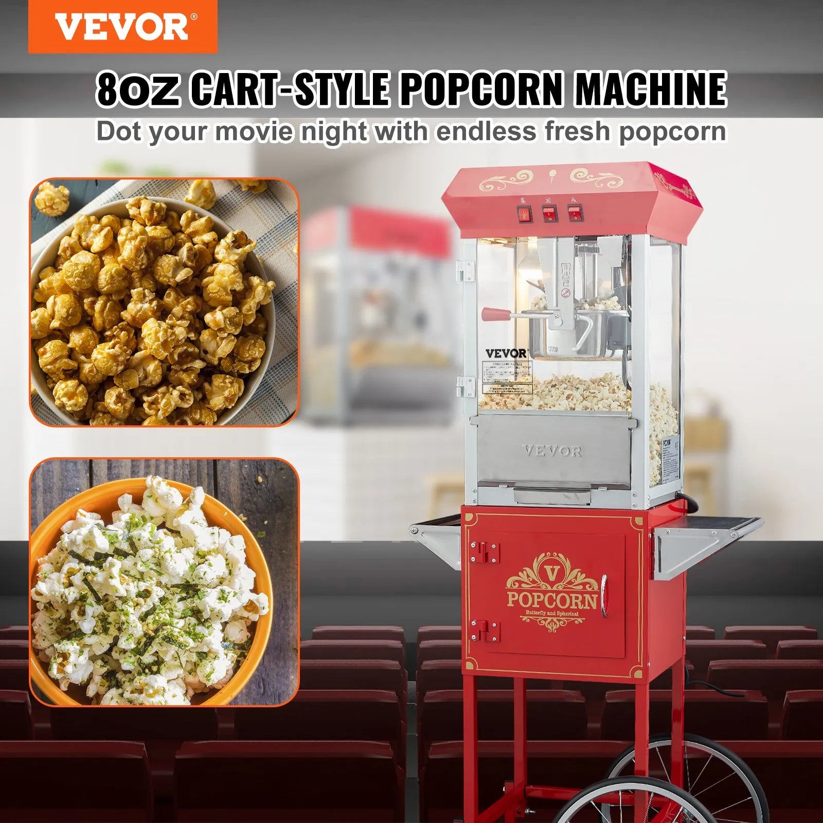 VEVOR popkorna aparāts ar ratiņiem 850 W ar 8 oz katlu līdz 48 porcijām vienā reizē, ar rūdīta stikla korpusu un 4 kausiņiem, kino stila, sarkans