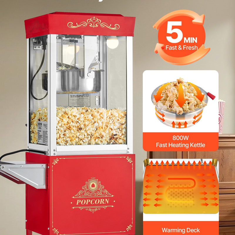 Popkorna mašīna ar ratiņiem, 0,2 kg nerūsējošā tērauda katls, 800 W, 48 porcijas, stikla sienas, PC durvis, sarkana