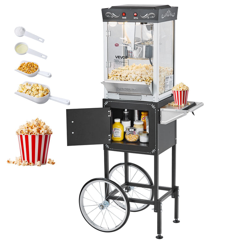 Popkorna mašīna ar ratiņiem, 0,2 kg nerūsējošā tērauda katls, 800 W, 48 porcijas, stikla sienas, PC durvis, melna