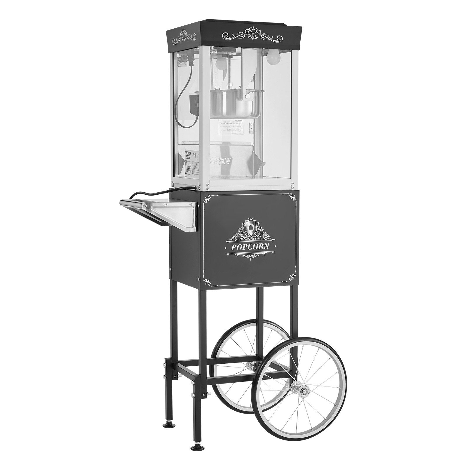 Popkorna mašīna ar ratiņiem, 0,2 kg nerūsējošā tērauda katls, 800 W, 48 porcijas, stikla sienas, PC durvis, melna
