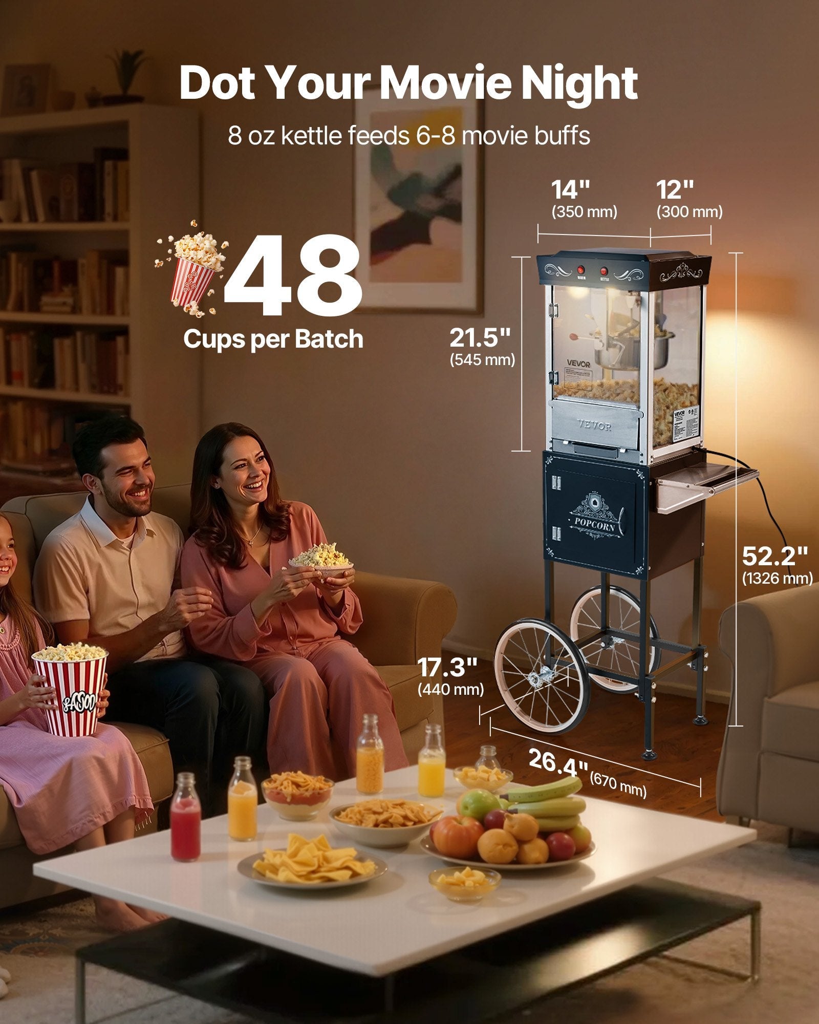 Popkorna mašīna ar ratiņiem, 0,2 kg nerūsējošā tērauda katls, 800 W, 48 porcijas, stikla sienas, PC durvis, melna