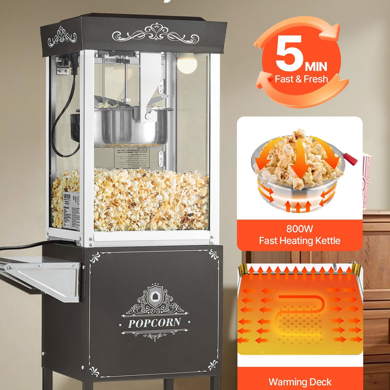 Popkorna mašīna ar ratiņiem, 0,2 kg nerūsējošā tērauda katls, 800 W, 48 porcijas, stikla sienas, PC durvis, melna
