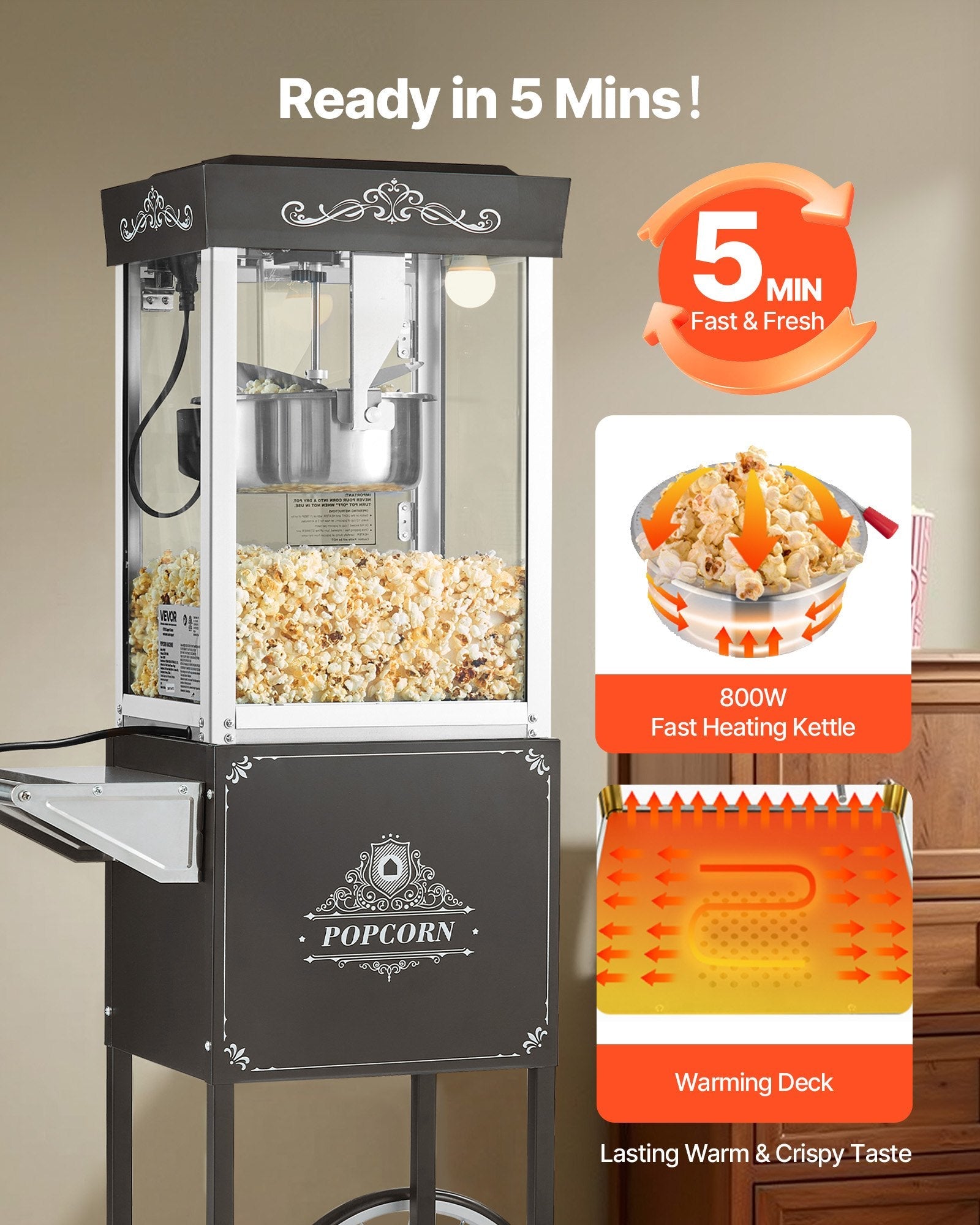 Popkorna mašīna ar ratiņiem, 0,2 kg nerūsējošā tērauda katls, 800 W, 48 porcijas, stikla sienas, PC durvis, melna