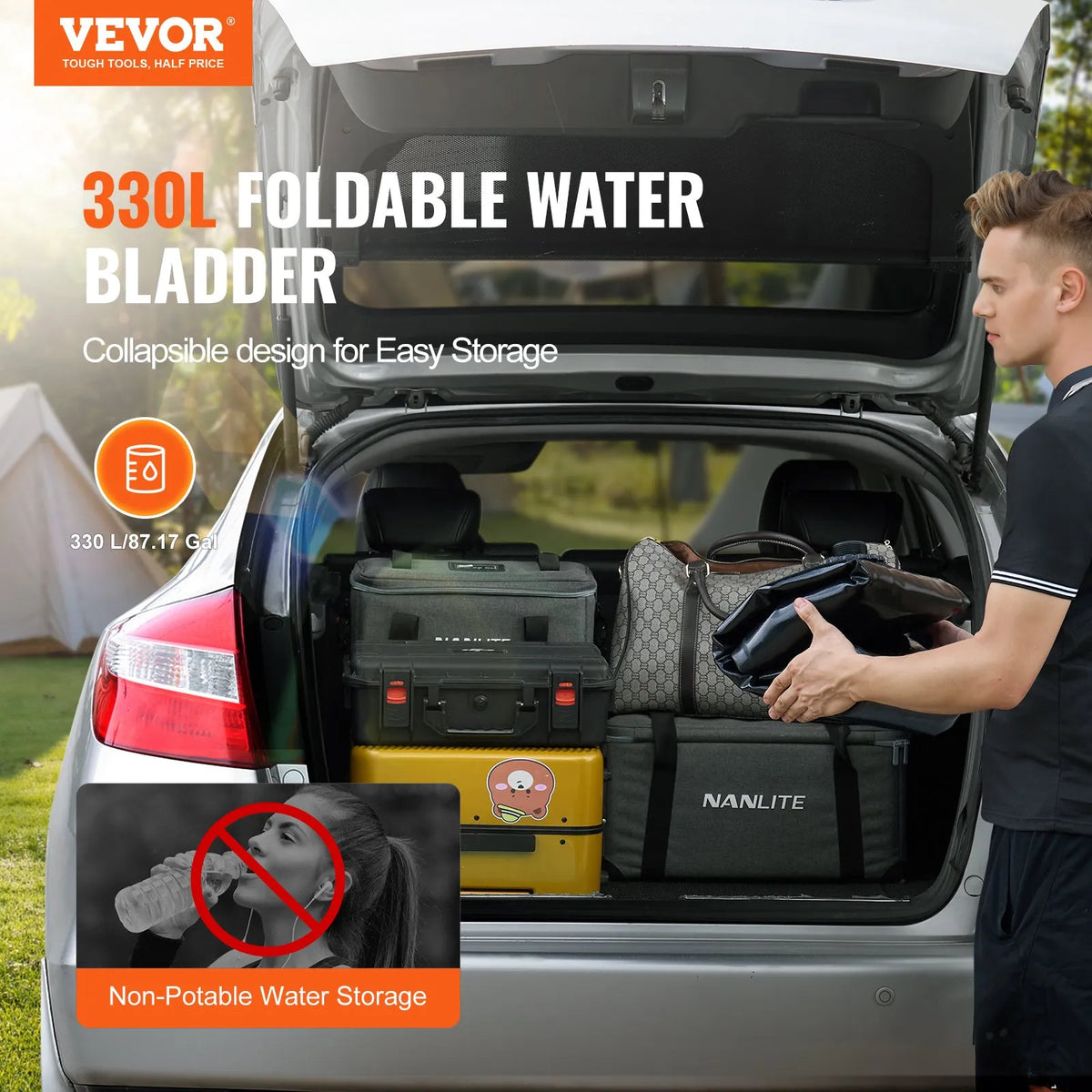 Salokāma ūdens uzglabāšanas tvertne 330 l, PVC, pārnēsājama, melna