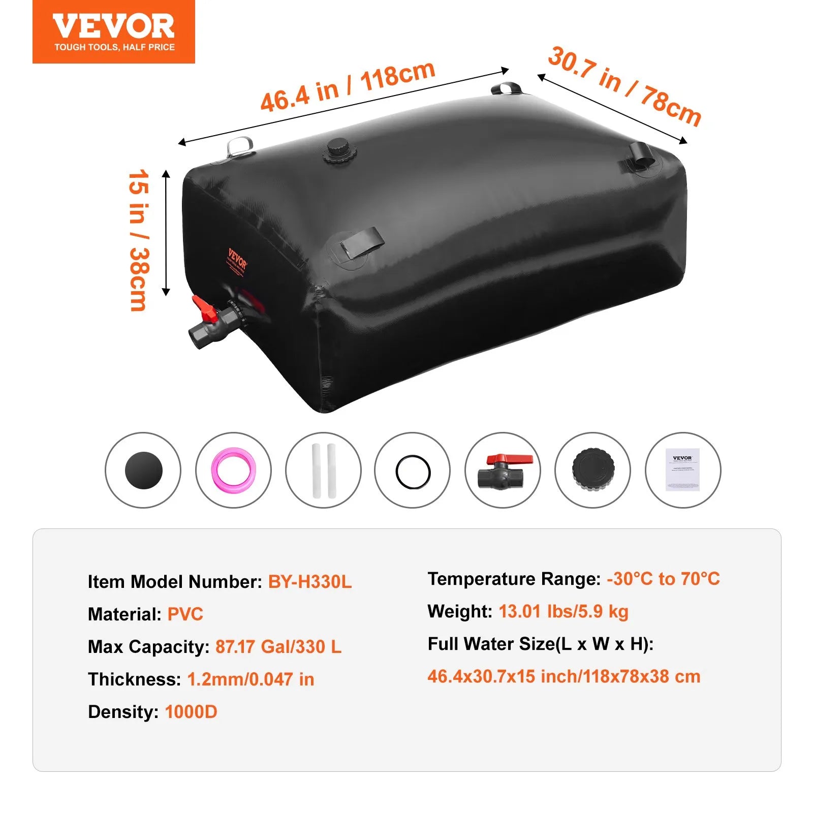 Salokāma ūdens uzglabāšanas tvertne 330 l, PVC, pārnēsājama, melna