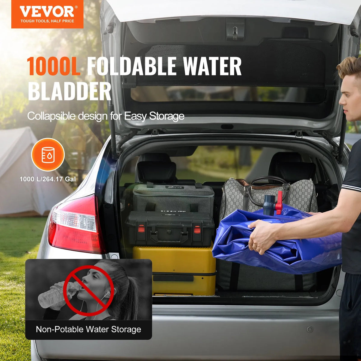 Portable water storage tank 1000 L, 1000D PVC, foldable