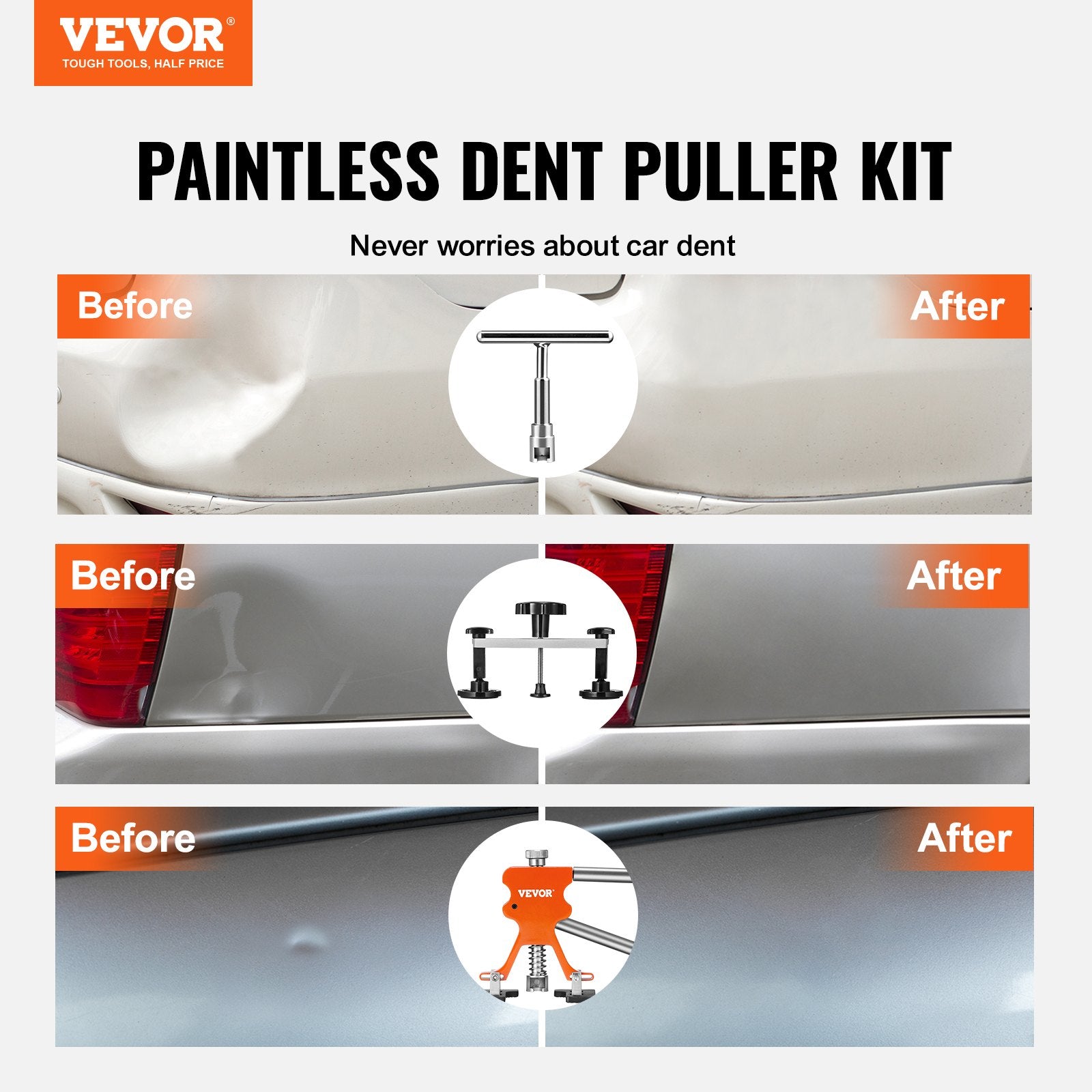 VEVOR 107 gabalu automobiļa virsbūves dentu remonta rīku komplekts, Automobiļa virsbūves dentu izvelcējs, Tiltu pacēlājs, Beznoglējuma krusas bojājumu remonta komplekts