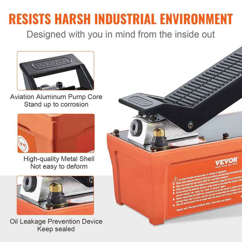 VEVOR Pneimohidrauliskais sūknis 6895 bar ar 1,9 L tvertni, eļļas izeja NPT 10 mm, ieeja NPT 6,4 mm, 2 m šļūtene, kājas pedāļa vadība, piemērots auto virsbūves rāmja labošanas iekārtām un vilkšanas statņiem, oranžs