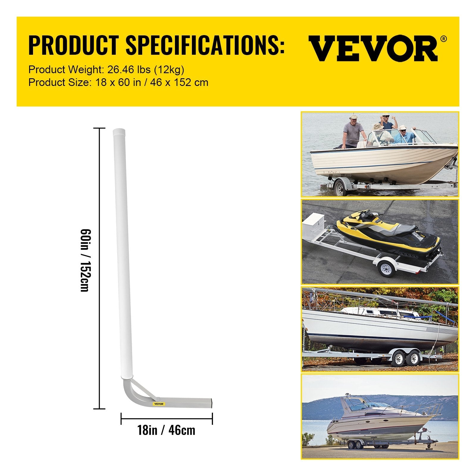 Laivu piekabes vadotne, 152 cm, 2 gab. tērauda stabi ar baltiem PVC pārklājumiem, komplektā visi stiprinājumi, piemērota ūdensslēpju, makšķerēšanas un buru laivu piekabēm