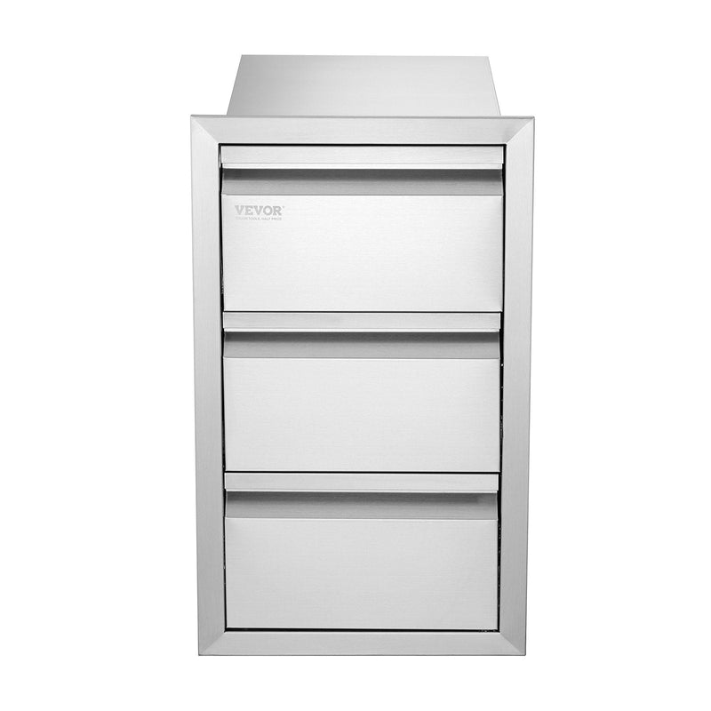 VEVOR trīskāršā piekļuves atvilktne, izgatavota no 201. sērijas nerūsējošā tērauda, paredzēta āra virtuvei vai BBQ salai, izmēri 483 × 660 mm