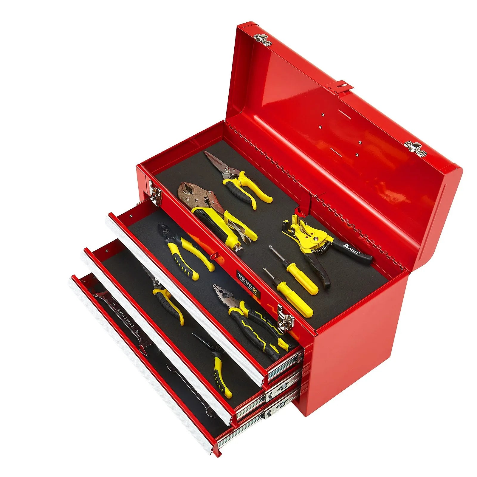 VEVOR 52 cm pārnēsājamā metāla instrumentu kaste ar 3 atvilktnēm, EVA ieliktņiem, lodīšu gultņu vadotņu fiksāciju un pulverkrāsas pārklājumu, daudzfunkcionāls instrumentu organizators, sarkana