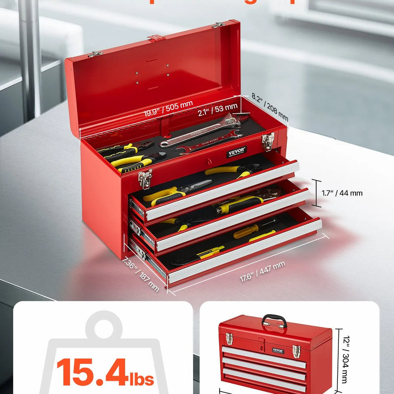 VEVOR 52 cm pārnēsājamā metāla instrumentu kaste ar 3 atvilktnēm, EVA ieliktņiem, lodīšu gultņu vadotņu fiksāciju un pulverkrāsas pārklājumu, daudzfunkcionāls instrumentu organizators, sarkana