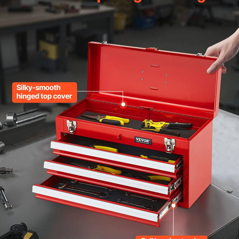 VEVOR 52 cm pārnēsājamā metāla instrumentu kaste ar 3 atvilktnēm, EVA ieliktņiem, lodīšu gultņu vadotņu fiksāciju un pulverkrāsas pārklājumu, daudzfunkcionāls instrumentu organizators, sarkana