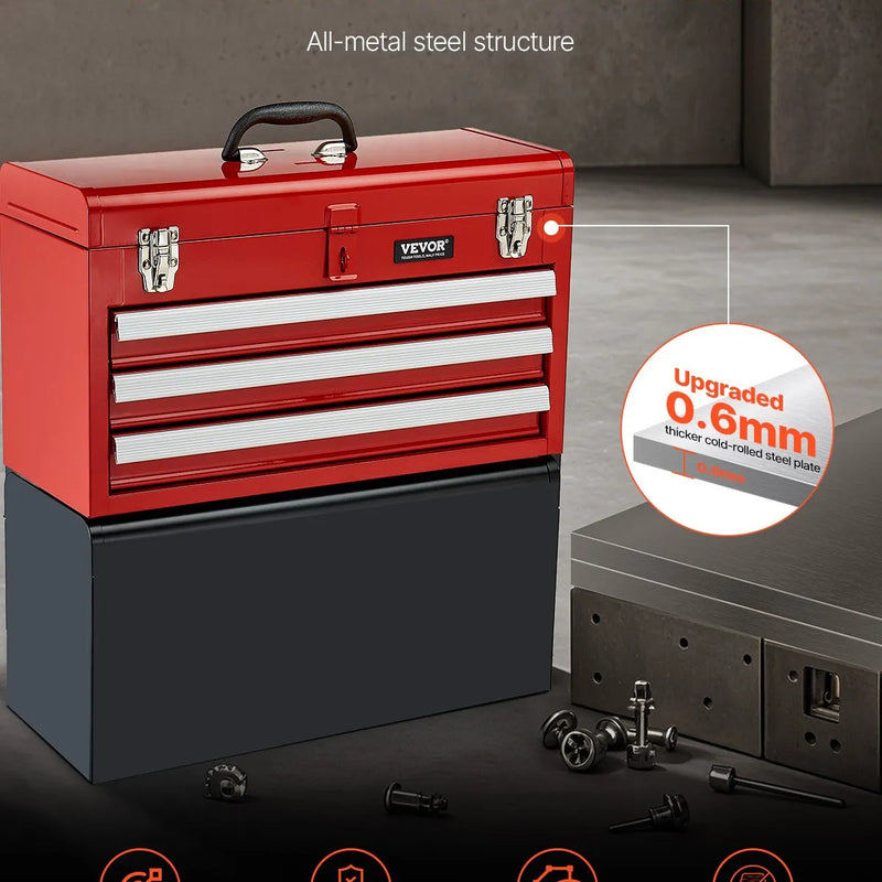 VEVOR 52 cm pārnēsājamā metāla instrumentu kaste ar 3 atvilktnēm, EVA ieliktņiem, lodīšu gultņu vadotņu fiksāciju un pulverkrāsas pārklājumu, daudzfunkcionāls instrumentu organizators, sarkana