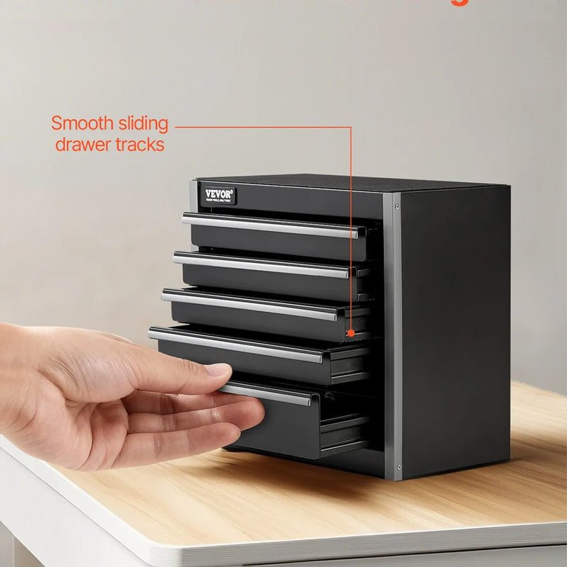 VEVOR 22 cm metāla instrumentu kaste ar 5 atvilktnēm, pārnēsājama tērauda kaste ar EVA ieliktņiem un PP kājiņām, izturīgs lodīšu gultņu mehānisms un pulverkrāsas pārklājums, melna