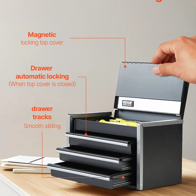 VEVOR 21,8 cm pārnēsājamā metāla instrumentu kaste ar 3 atvilktnēm, tērauda korpuss ar lodīšu gultņu mehānismu, EVA ieliktņiem un PP kājiņām, pulverkrāsas pārklājums, melna