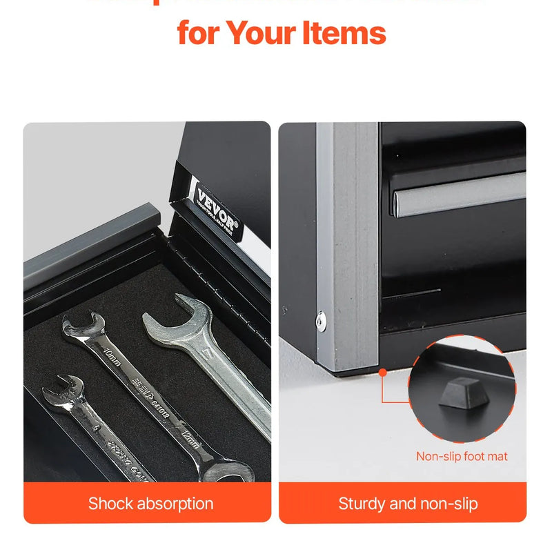 VEVOR 21,8 cm pārnēsājamā metāla instrumentu kaste ar 3 atvilktnēm, tērauda korpuss ar lodīšu gultņu mehānismu, EVA ieliktņiem un PP kājiņām, pulverkrāsas pārklājums, melna
