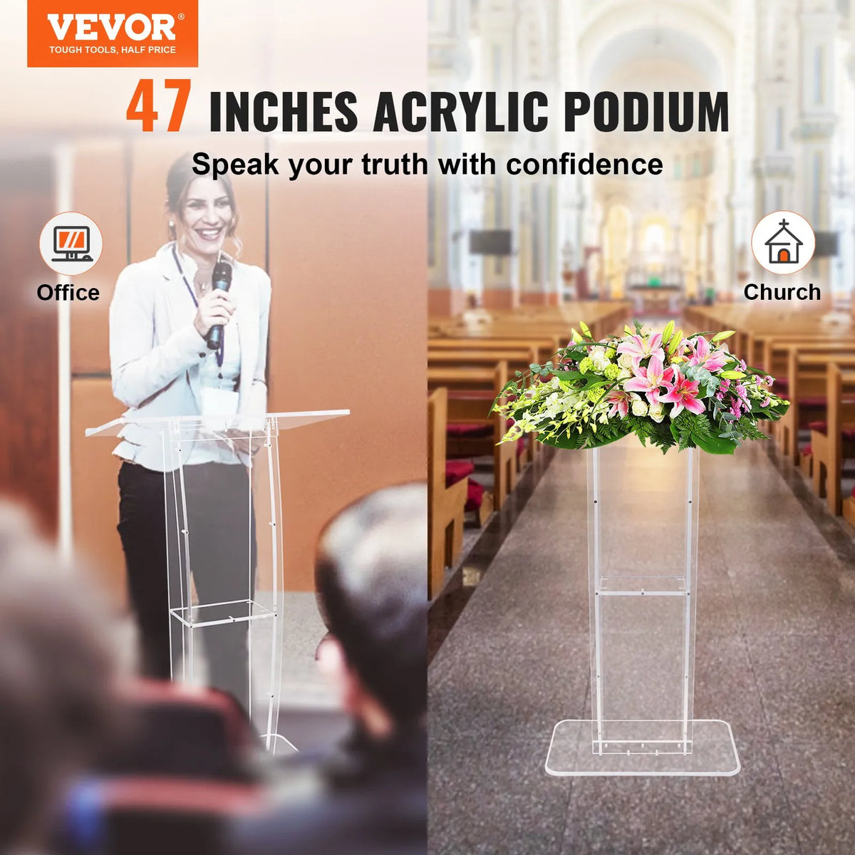 VEVOR Transparent Acrylic Display Stand, 119 cm, with a Wide Reading Surface and Storage Shelf