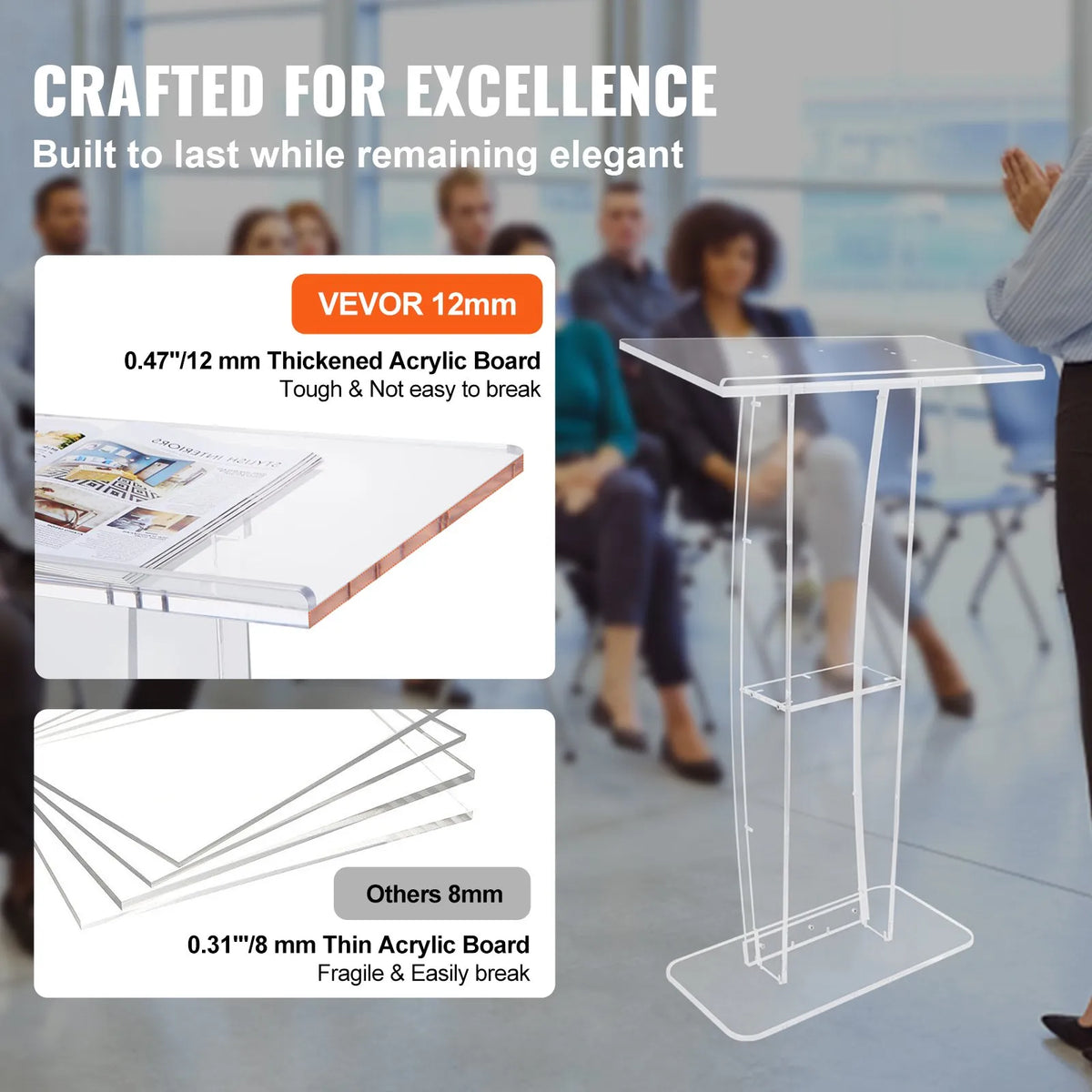VEVOR Transparent Acrylic Display Stand, 119 cm, with a Wide Reading Surface and Storage Shelf