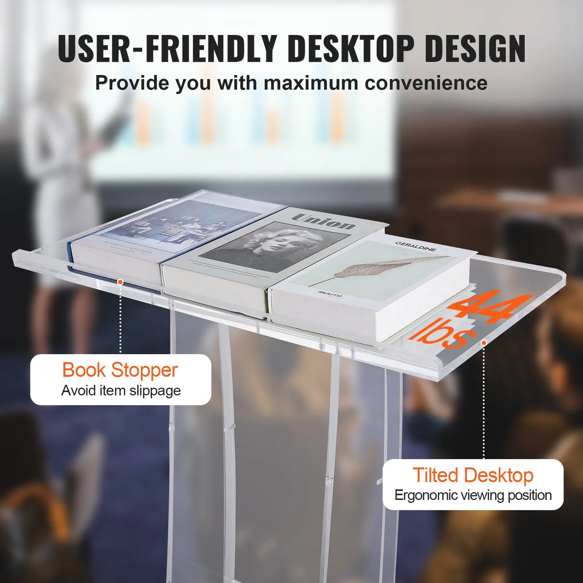 VEVOR Transparent Acrylic Display Stand, 119 cm, with a Wide Reading Surface and Storage Shelf
