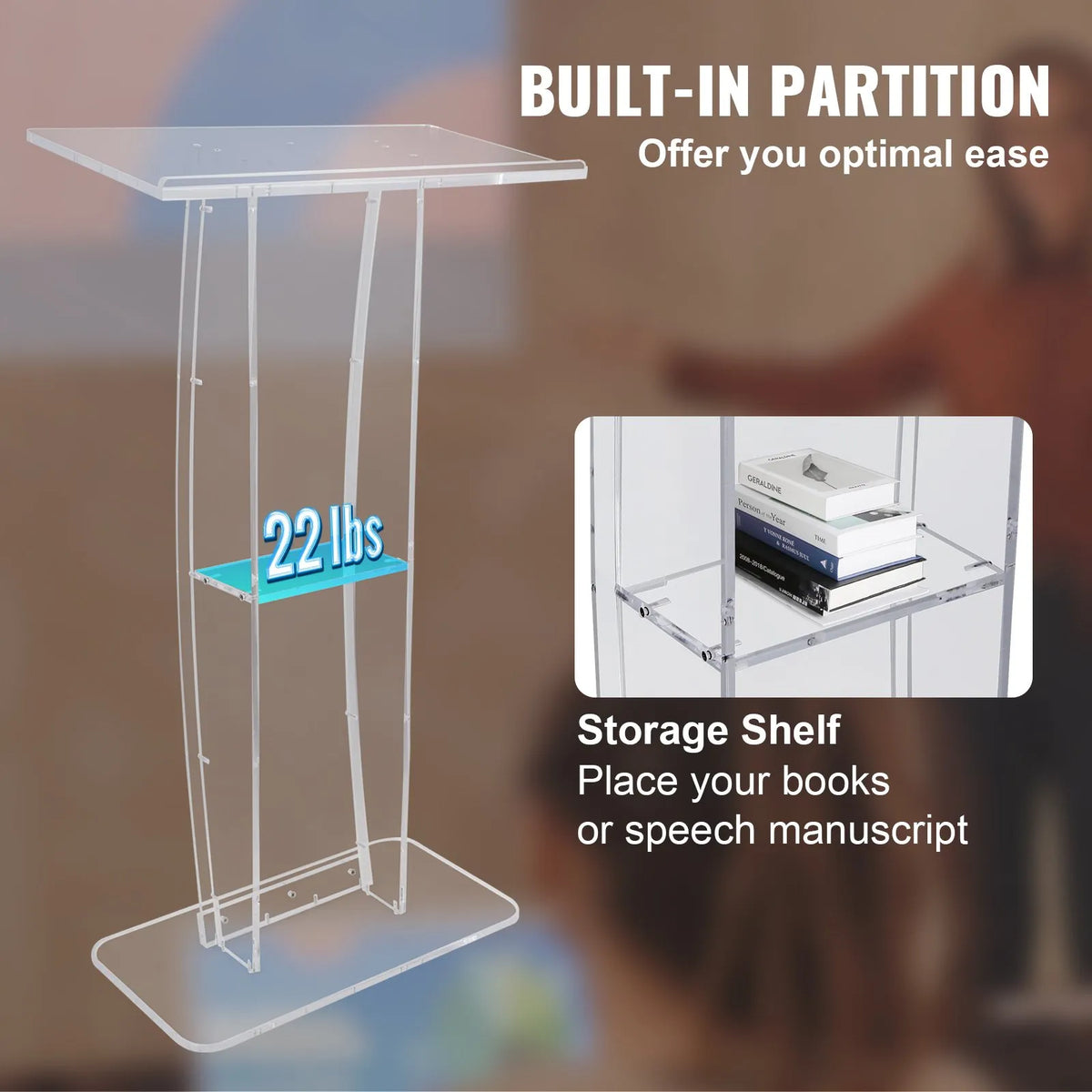 VEVOR Transparent Acrylic Display Stand, 119 cm, with a Wide Reading Surface and Storage Shelf