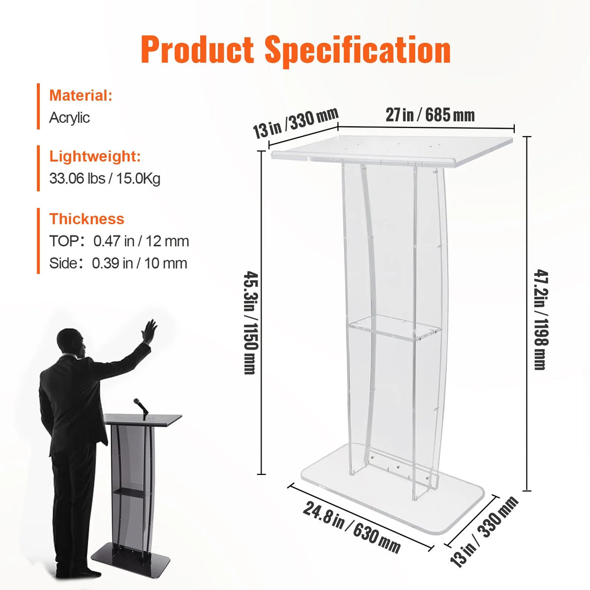 VEVOR Transparent Acrylic Display Stand, 119 cm, with a Wide Reading Surface and Storage Shelf