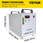 VEVOR 9L Rūpnieciskais ūdens dzesētājs CO2 stikla lāzera caurules dzesēšanai CW-3000D 60W 80W