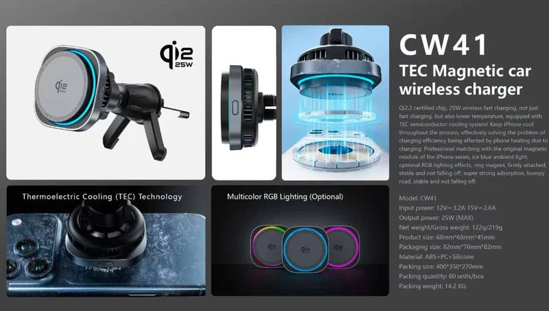 CW41 Magnētiskais Auto Telefona Turētājs ar 25W Bezvadu Uzlādi, TEC Dzesēšanu un RGB Apgaismojumu