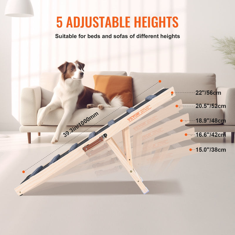 VEVOR Salokāma suņu rampa, regulējama koka rampa suņiem un kaķiem, 100 cm gara, regulējama no 38 cm līdz 56 cm