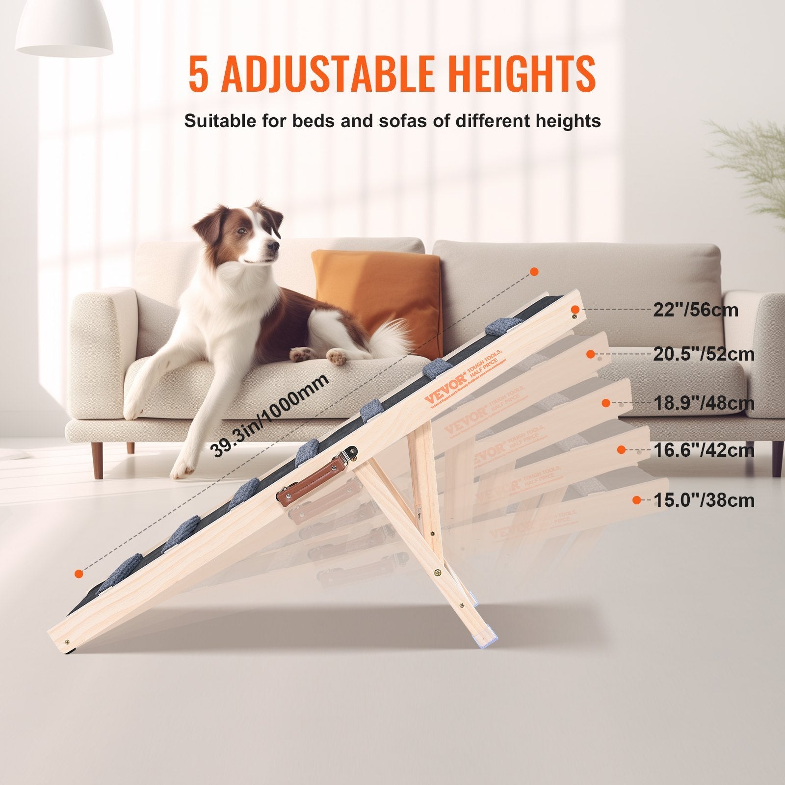 VEVOR Salokāma suņu rampa, regulējama koka rampa suņiem un kaķiem, 100 cm gara, regulējama no 38 cm līdz 56 cm