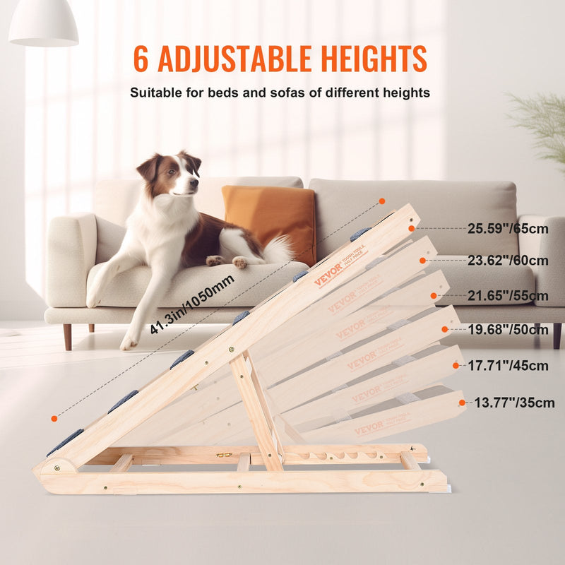 VEVOR Suņu rampa, salokāma koka rampa, regulējama no 35 cm līdz 65 cm, 105 cm gara, piemērota gultai, dīvānam, automašīnai