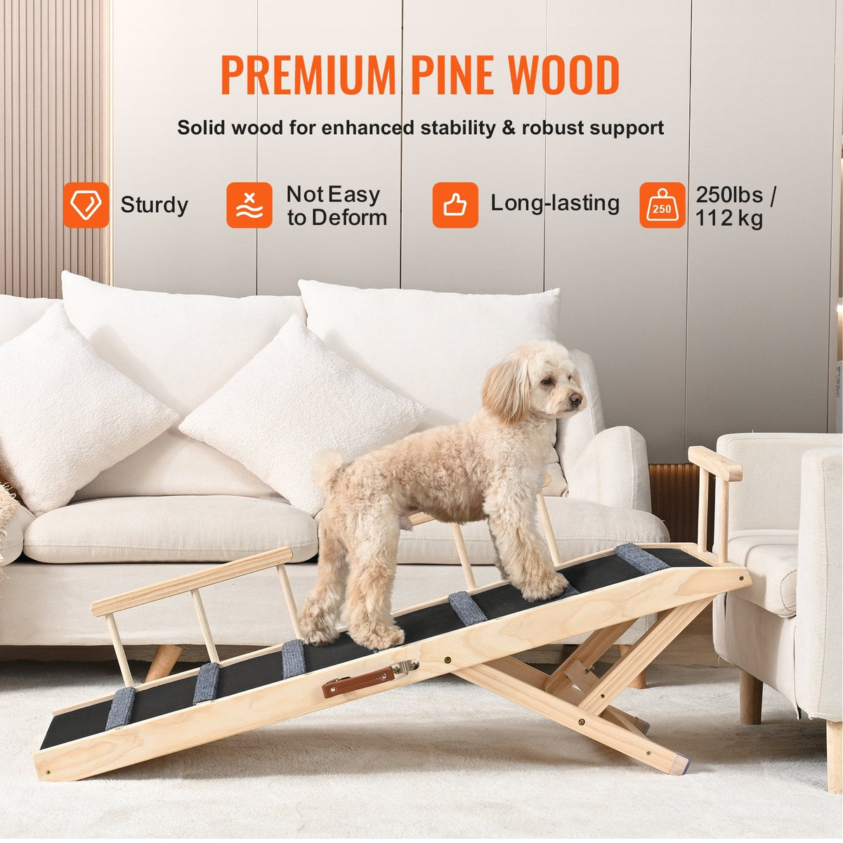 VEVOR Salokāma kucēnu rampa ar regulējamu augstumu – koka pet rampa 120 cm garumā, regulējama no 35 līdz 70 cm, piemērota gultai, dīvānam un automašīnai