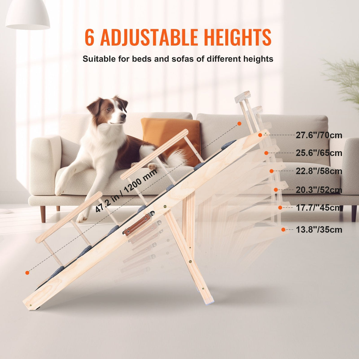 VEVOR Salokāma kucēnu rampa ar regulējamu augstumu – koka pet rampa 120 cm garumā, regulējama no 35 līdz 70 cm, piemērota gultai, dīvānam un automašīnai