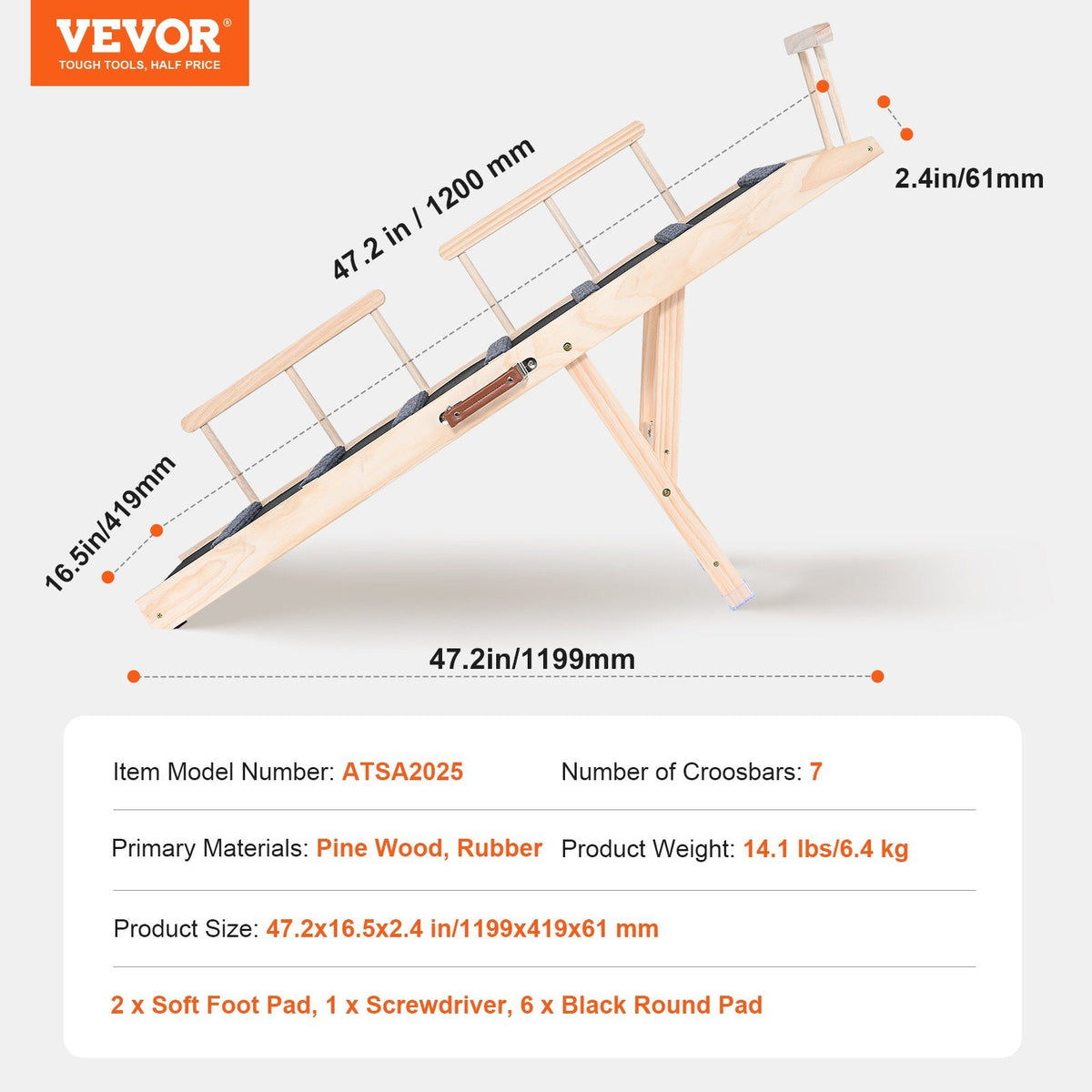 VEVOR Salokāma kucēnu rampa ar regulējamu augstumu – koka pet rampa 120 cm garumā, regulējama no 35 līdz 70 cm, piemērota gultai, dīvānam un automašīnai