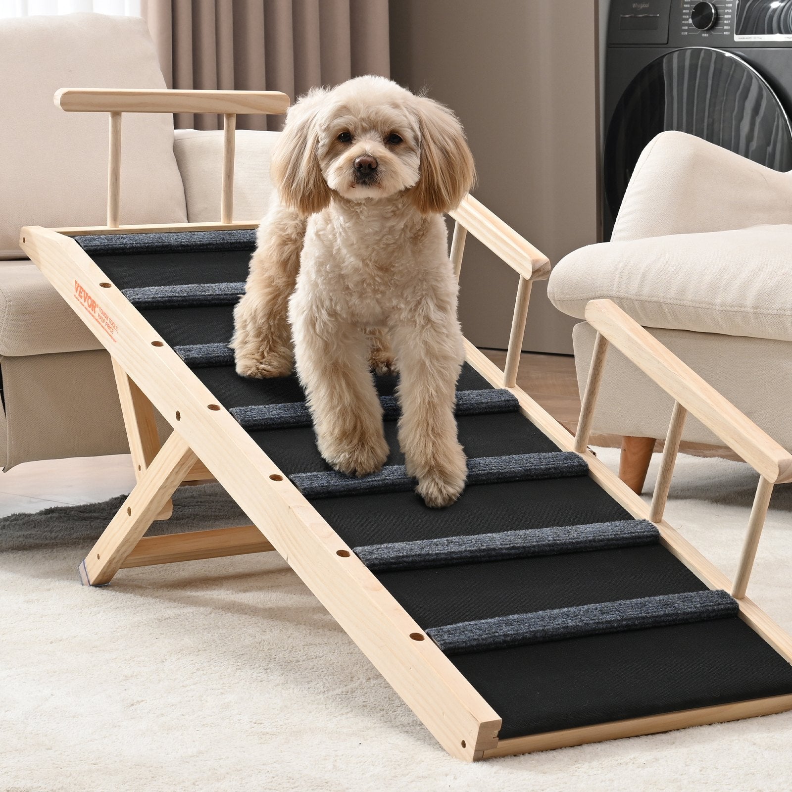 VEVOR Salokāma kucēnu rampa ar regulējamu augstumu – koka pet rampa 120 cm garumā, regulējama no 35 līdz 70 cm, piemērota gultai, dīvānam un automašīnai
