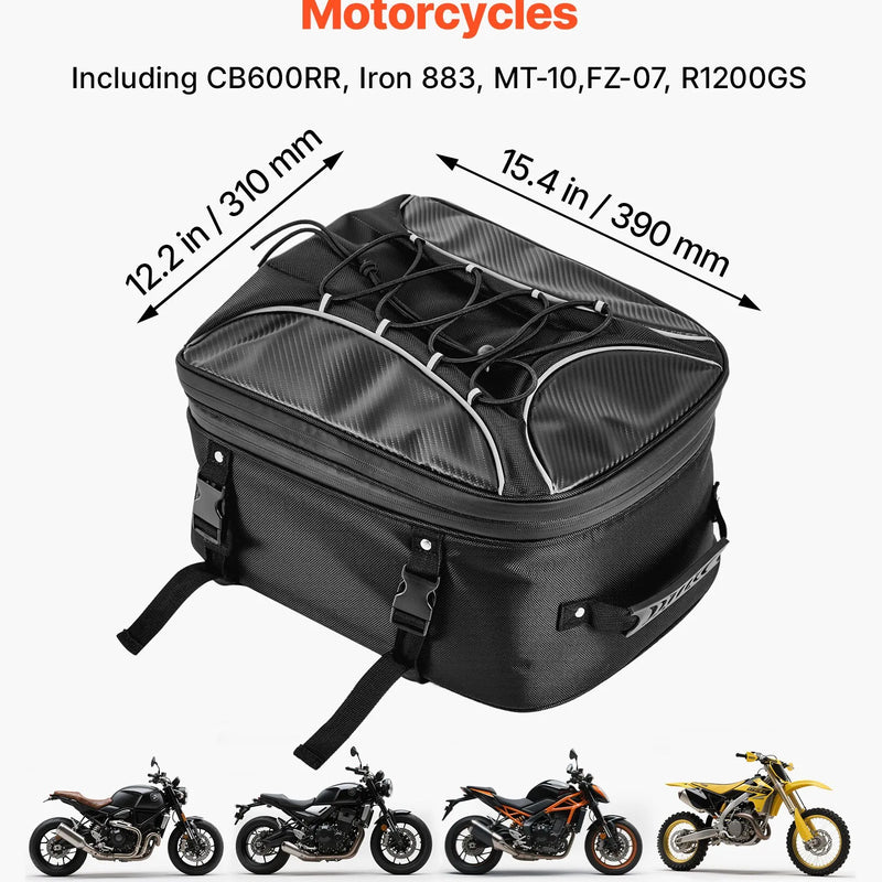 VEVOR motocikla aizmugurējā sēdekļa soma, 22–34 l paplašināma motocikla bagāžas soma ar ūdensnecaurlaidīgu lietus pārsegu, āra motocikla bagāžas uzglabāšanas mugursoma un rokas soma ar siksnām, kabatu un elastīgu auklu, melna