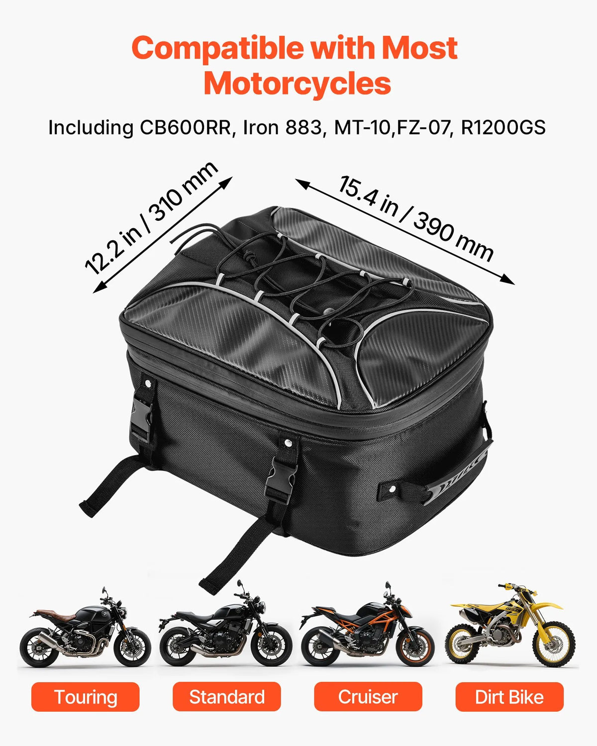 VEVOR motocikla aizmugurējā sēdekļa soma, 22–34 l paplašināma motocikla bagāžas soma ar ūdensnecaurlaidīgu lietus pārsegu, āra motocikla bagāžas uzglabāšanas mugursoma un rokas soma ar siksnām, kabatu un elastīgu auklu, melna