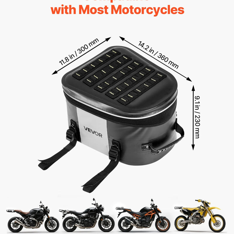 VEVOR motocikla aizmugurējā sēdekļa soma, 28 l motocikla bagāžas soma ar ūdensizturīgu audumu, āra motocikla bagāžas uzglabāšanas rokas soma ar kabatu un regulējamu sprādzi, universāli piemērota aizmugurējiem bagāžas statīviem, melna