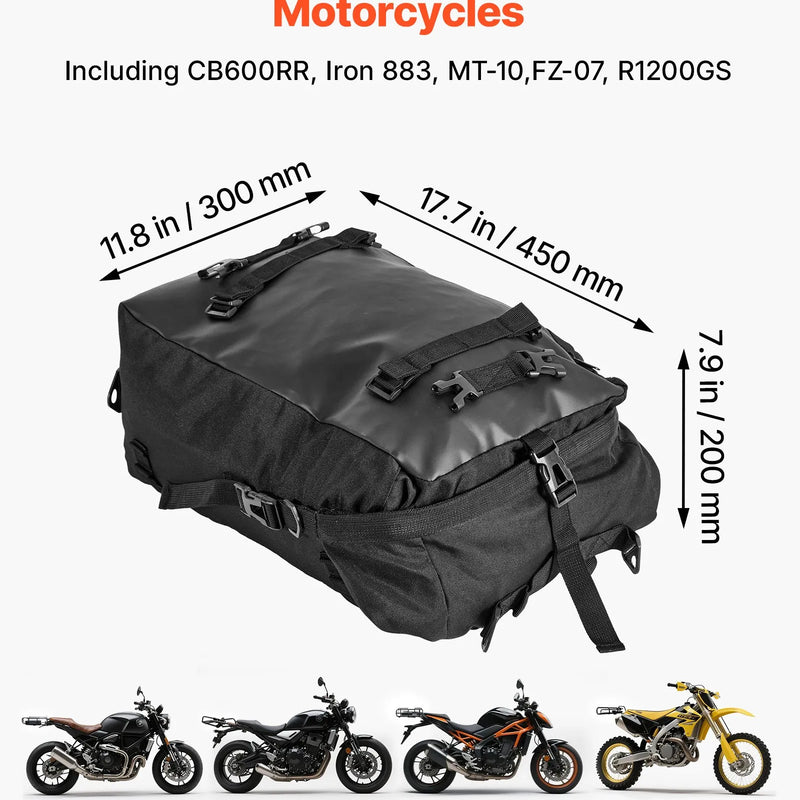 VEVOR motocikla aizmugurējā bagāžas soma, 30 l motocikla aizmugurējā sēdekļa soma ar ūdensnecaurlaidīgu lietus pārsegu, āra motocikla bagāžas uzglabāšanas soma – mugursoma ar pleca siksnām, universāli piemērota aizmugurējiem bagāžas statīviem, melna