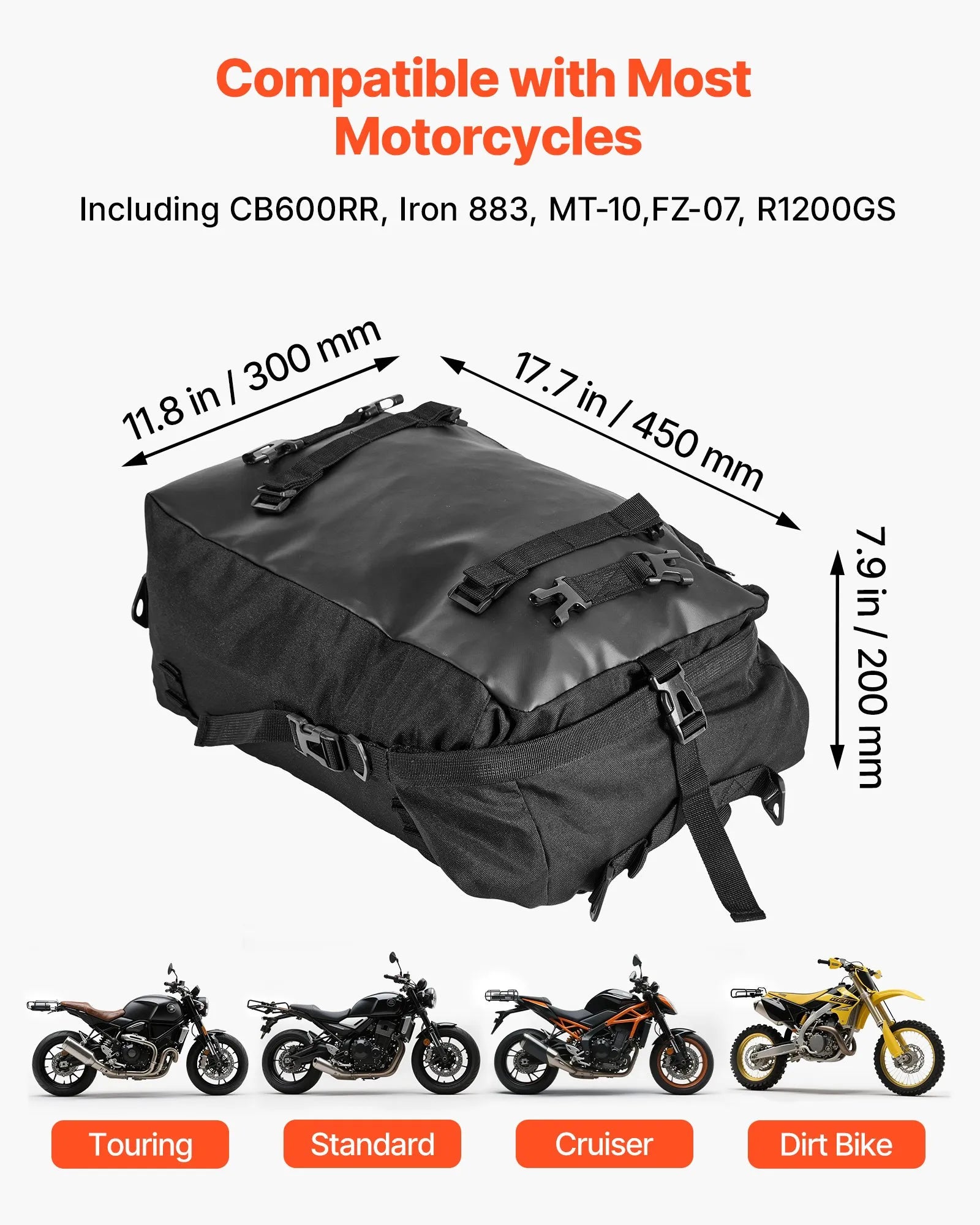 VEVOR motocikla aizmugurējā bagāžas soma, 30 l motocikla aizmugurējā sēdekļa soma ar ūdensnecaurlaidīgu lietus pārsegu, āra motocikla bagāžas uzglabāšanas soma – mugursoma ar pleca siksnām, universāli piemērota aizmugurējiem bagāžas statīviem, melna