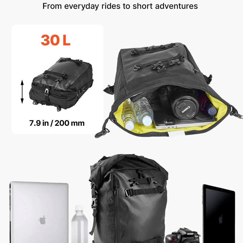 VEVOR motocikla aizmugurējā bagāžas soma, 30 l motocikla aizmugurējā sēdekļa soma ar ūdensnecaurlaidīgu lietus pārsegu, āra motocikla bagāžas uzglabāšanas soma – mugursoma ar pleca siksnām, universāli piemērota aizmugurējiem bagāžas statīviem, melna