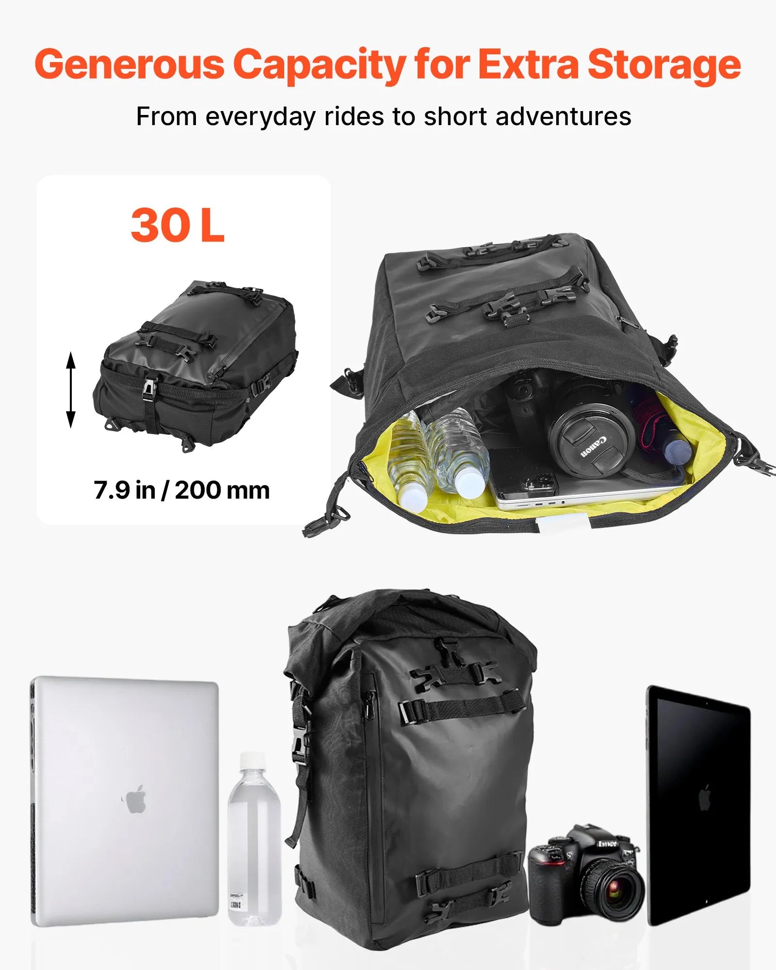 VEVOR motocikla aizmugurējā bagāžas soma, 30 l motocikla aizmugurējā sēdekļa soma ar ūdensnecaurlaidīgu lietus pārsegu, āra motocikla bagāžas uzglabāšanas soma – mugursoma ar pleca siksnām, universāli piemērota aizmugurējiem bagāžas statīviem, melna