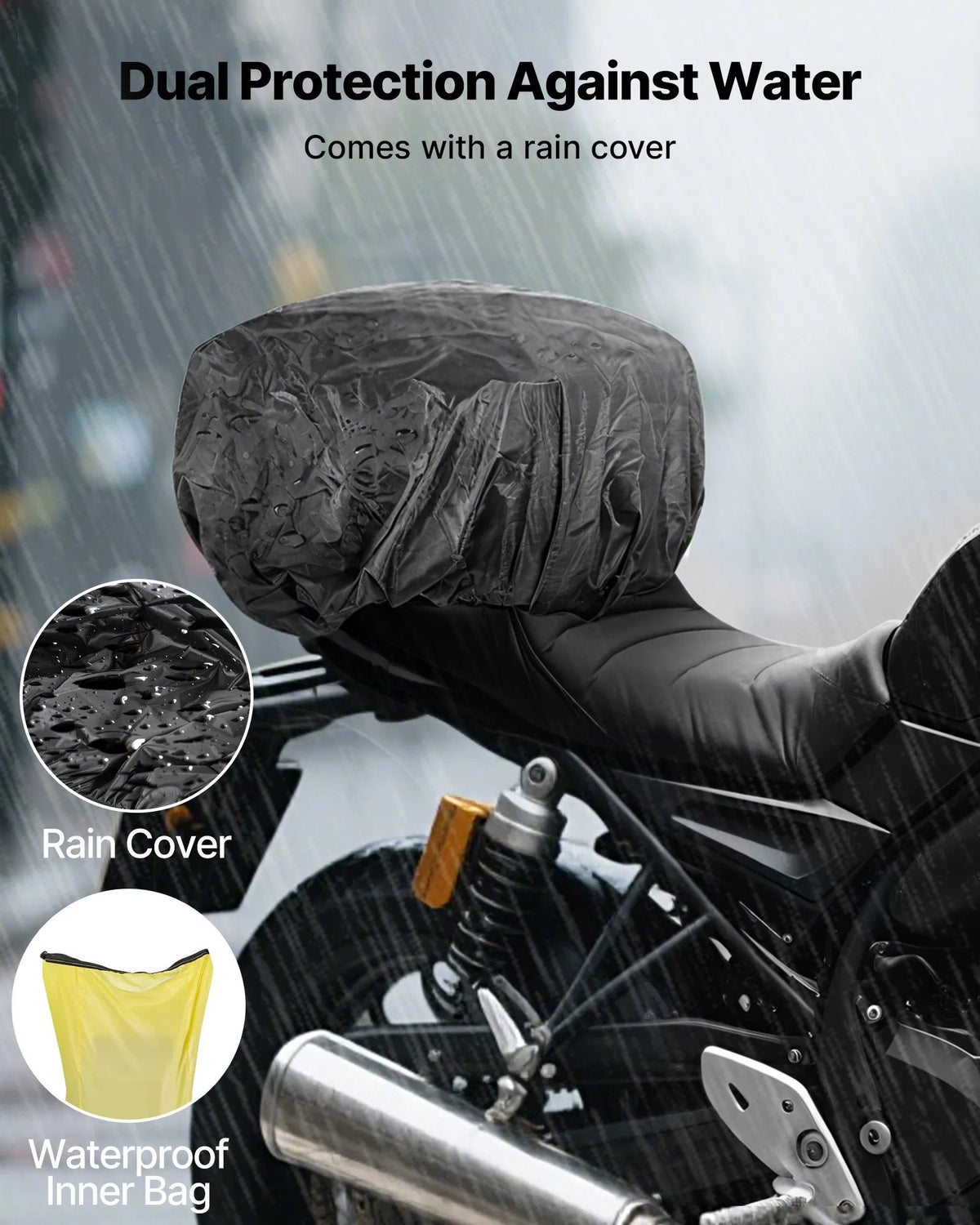 VEVOR motocikla aizmugurējā bagāžas soma, 30 l motocikla aizmugurējā sēdekļa soma ar ūdensnecaurlaidīgu lietus pārsegu, āra motocikla bagāžas uzglabāšanas soma – mugursoma ar pleca siksnām, universāli piemērota aizmugurējiem bagāžas statīviem, melna