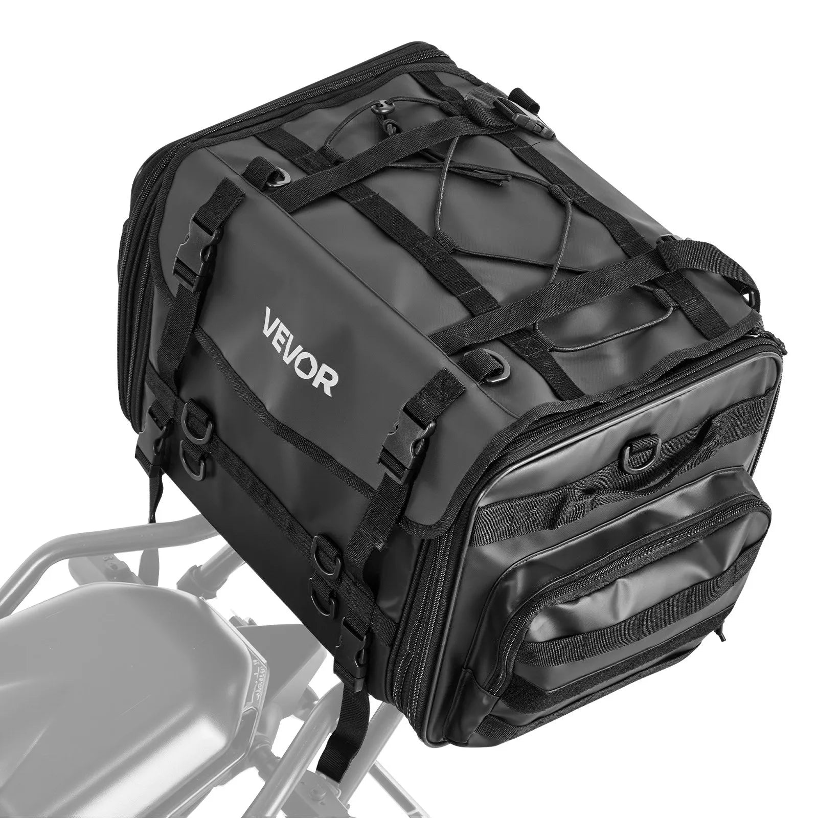 VEVOR motocikla aizmugurējā sēdekļa soma, 40–60 l paplašināma motocikla bagāžas soma ar ūdensnecaurlaidīgu lietus pārsegu, salokāma āra motocikla bagāžas uzglabāšanas soma ar pleca siksnām, kabatu un elastīgu auklu, melna