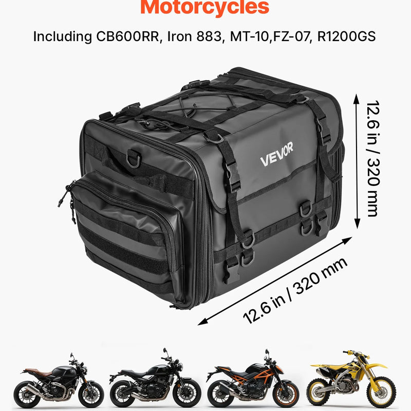 VEVOR motocikla aizmugurējā sēdekļa soma, 40–60 l paplašināma motocikla bagāžas soma ar ūdensnecaurlaidīgu lietus pārsegu, salokāma āra motocikla bagāžas uzglabāšanas soma ar pleca siksnām, kabatu un elastīgu auklu, melna