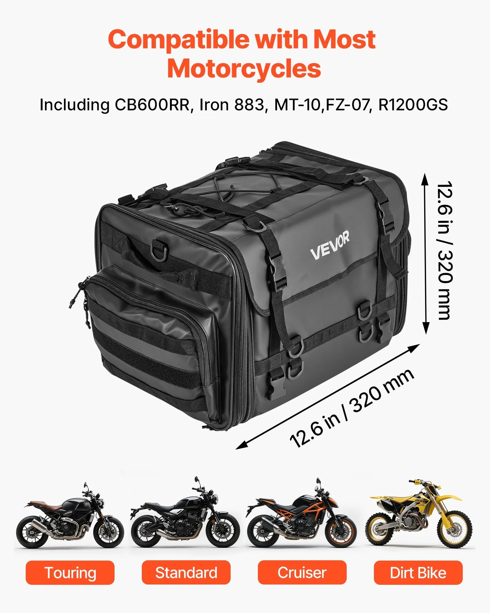 VEVOR motocikla aizmugurējā sēdekļa soma, 40–60 l paplašināma motocikla bagāžas soma ar ūdensnecaurlaidīgu lietus pārsegu, salokāma āra motocikla bagāžas uzglabāšanas soma ar pleca siksnām, kabatu un elastīgu auklu, melna