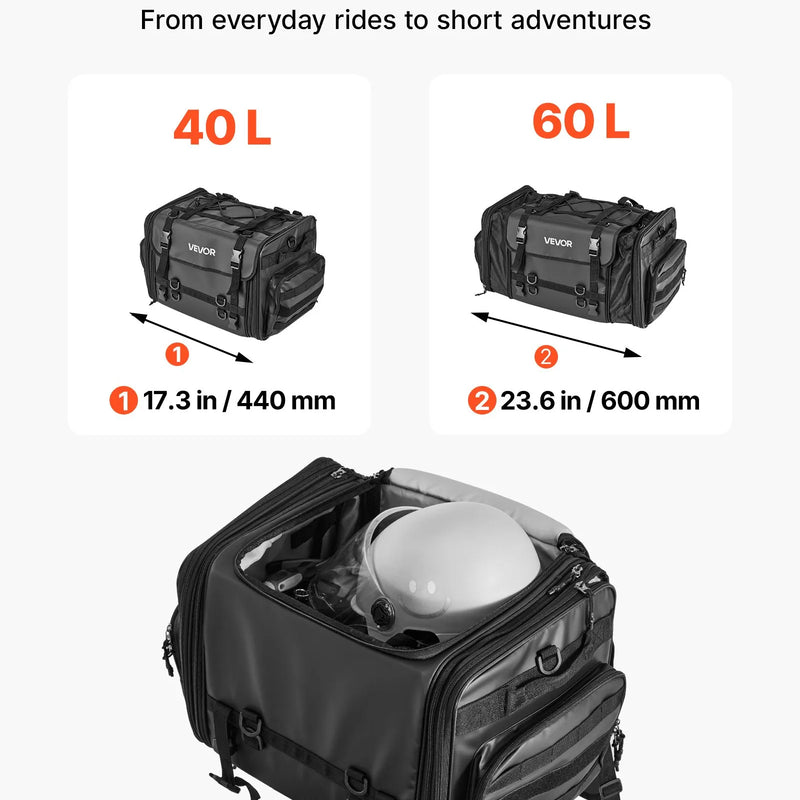 VEVOR motocikla aizmugurējā sēdekļa soma, 40–60 l paplašināma motocikla bagāžas soma ar ūdensnecaurlaidīgu lietus pārsegu, salokāma āra motocikla bagāžas uzglabāšanas soma ar pleca siksnām, kabatu un elastīgu auklu, melna