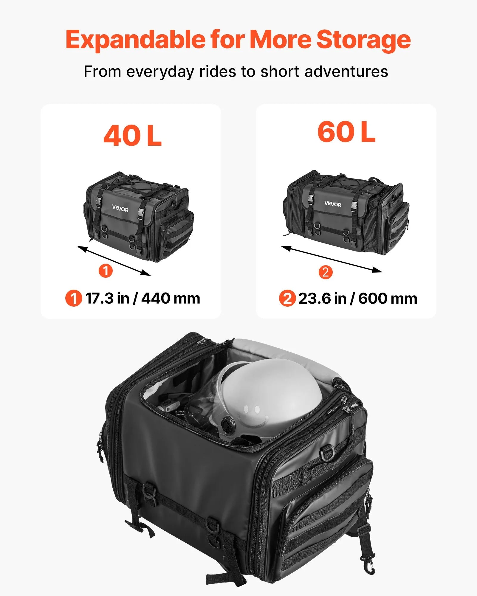 VEVOR motocikla aizmugurējā sēdekļa soma, 40–60 l paplašināma motocikla bagāžas soma ar ūdensnecaurlaidīgu lietus pārsegu, salokāma āra motocikla bagāžas uzglabāšanas soma ar pleca siksnām, kabatu un elastīgu auklu, melna