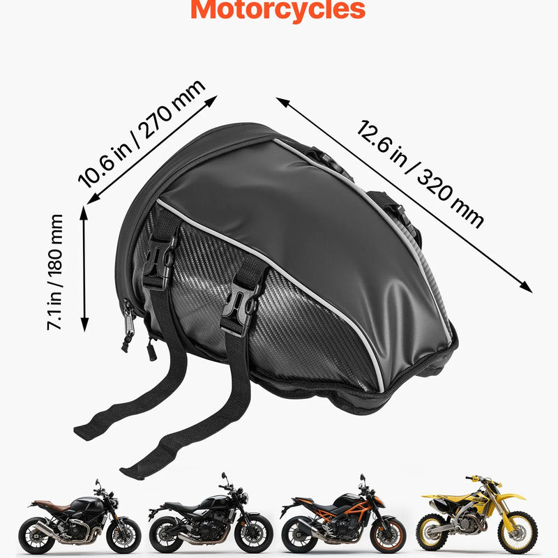 VEVOR motocikla aizmugurējā sēdekļa soma, 10 l motocikla bagāžas soma ar ūdensnecaurlaidīgu lietus pārsegu, āra motocikla bagāžas uzglabāšanas soma – mugursoma un rokas soma ar pleca siksnu un iekšējo kabatu, universāli piemērota bagāžas statīviem, melna