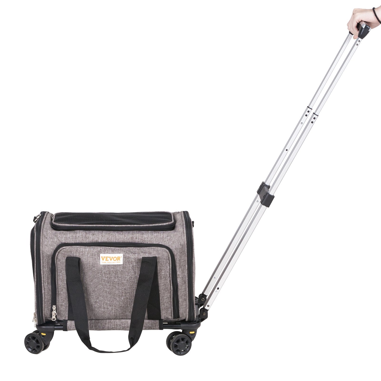 VEVOR Kaķu pārnēsājamais būris ar riteņiem, apstiprināts lidojumiem, ar teleskopisko rokturi un plecu siksnu, līdz 11,3 kg, ar saliekamu bļodu, pelēks